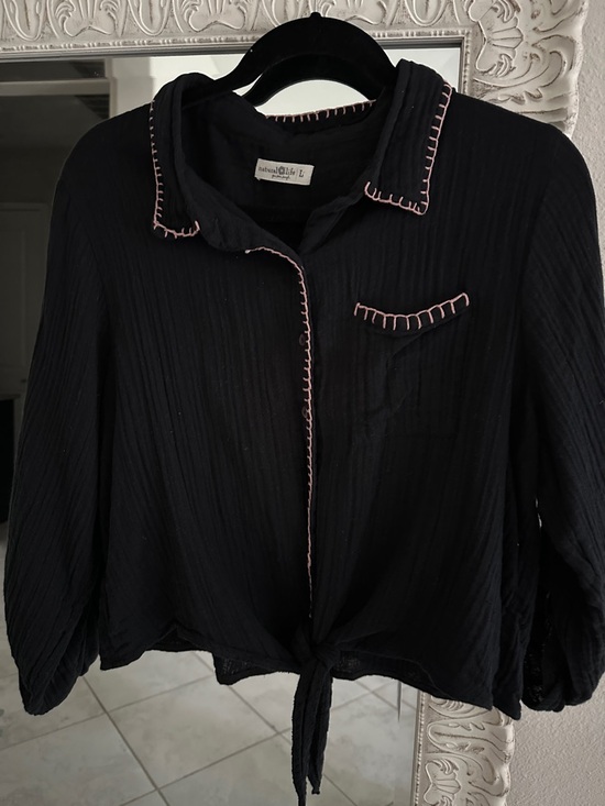 NATURAL LIFE Tops - NATURAL LIFE Black Button Down Tie Shirt with Trim